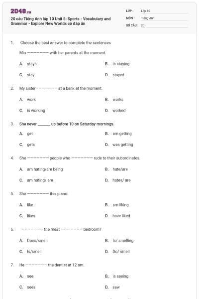 20 câu Tiếng Anh lớp 10 Unit 5: Sports - Vocabulary and Grammar - Explore New Worlds có đáp án