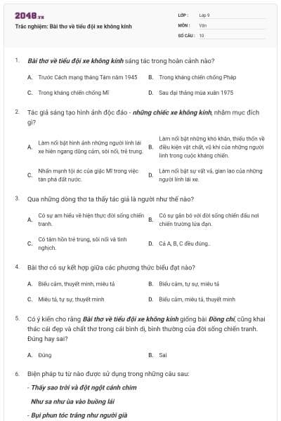 Trắc nghiệm: Bài thơ về tiểu đội xe không kính