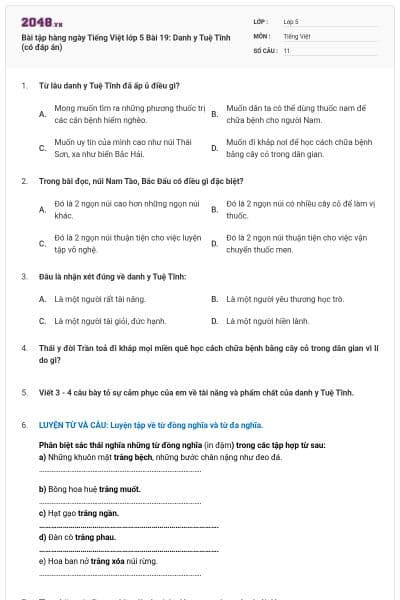 Bài tập hàng ngày Tiếng Việt lớp 5 Bài 19: Danh y Tuệ Tĩnh (có đáp án)