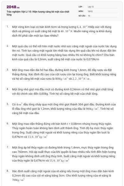 Trắc nghiệm Vật Lí 10: Hiện tượng căng bề mặt của chất lỏng