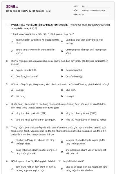 Đề thi giữa kì 1 KTPL 12 (có đáp án) - Đề 3