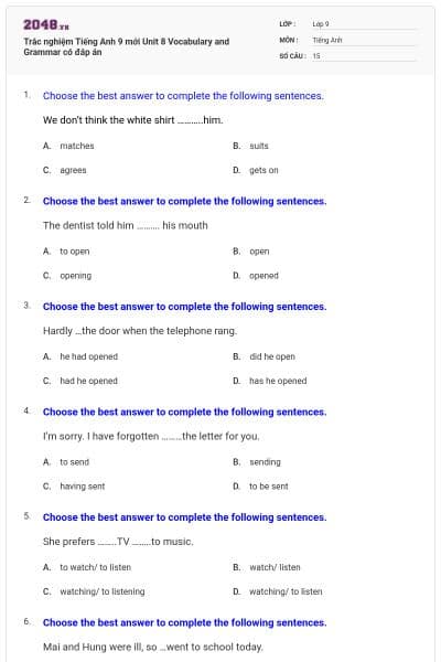 Trắc nghiệm Tiếng Anh 9 mới Unit 8 Vocabulary and Grammar có đáp án