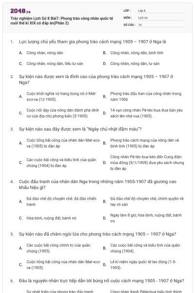 Trắc nghiệm Lịch Sử 8 Bài7: Phong trào công nhân quốc tế cuối thế kỉ XIX có đáp án(Phần 2)