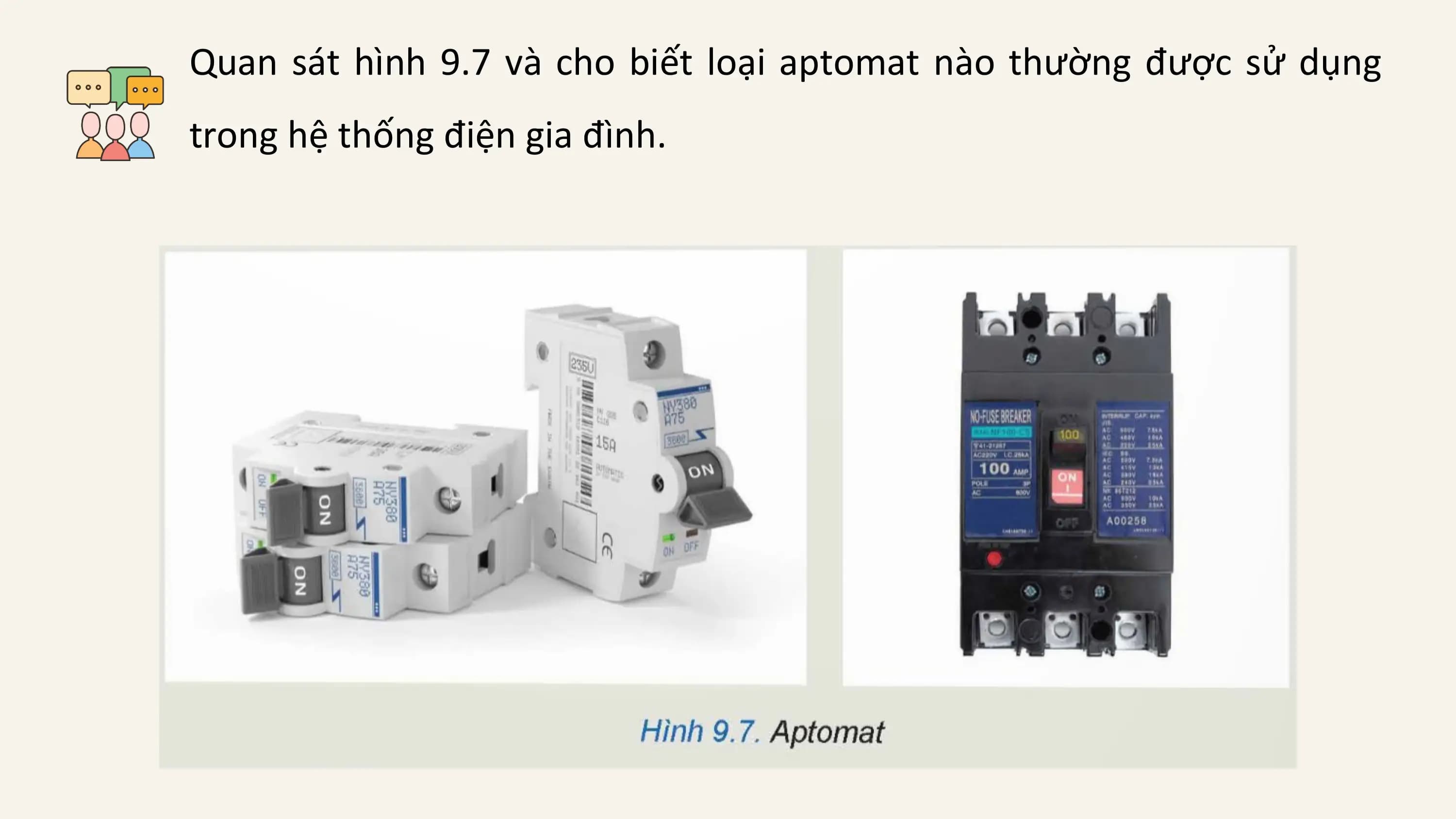 Quan sát hình 9.7 và cho biết loại aptomat nào thường được sử dụng
trong hệ thống điện gia đình.