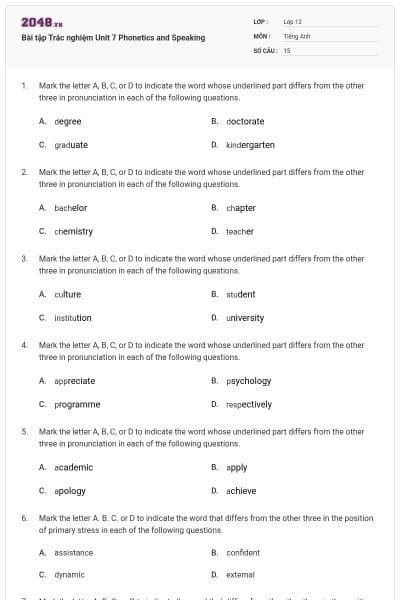 Bài tập Trắc nghiệm Unit 7 Phonetics and Speaking