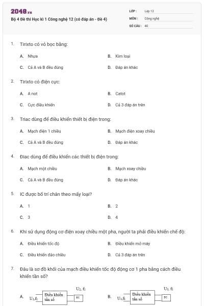 Bộ 4 Đề thi Học kì 1 Công nghệ 12 (có đáp án - Đề 4)