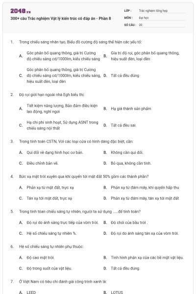 300+ câu Trắc nghiệm Vật lý kiến trúc có đáp án - Phần 8