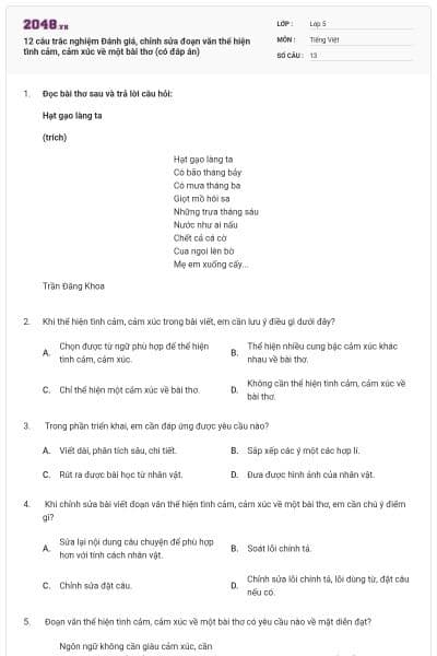 12 câu trắc nghiệm Đánh giá, chỉnh sửa đoạn văn thể hiện tình cảm, cảm xúc về một bài thơ (có đáp án)
