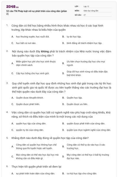 52 câu TN Pháp luật với sự phát triển của công dân (phần 2)
