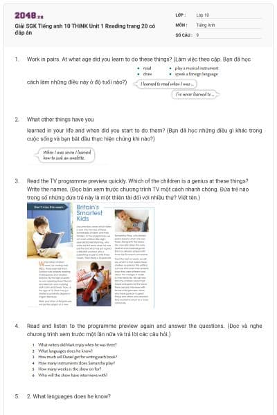 Giải SGK Tiếng anh 10 THiNK Unit 1 Reading trang 20 có đáp án