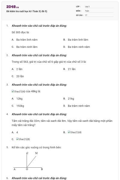 Đề kiểm tra cuối học kì I Toán 3( đề 5)