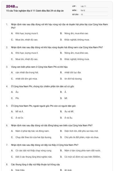 15 câu Trắc nghiệm Địa lí 11 Cánh diều Bài 29 có đáp án