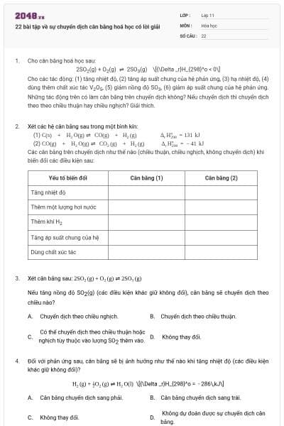 22 bài tập về sự chuyển dịch cân bằng hoá học có lời giải