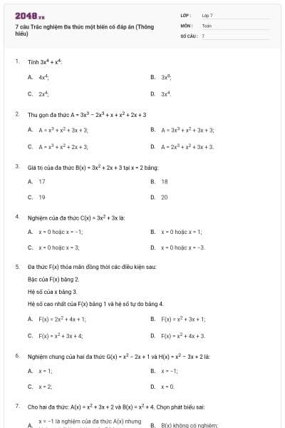 7 câu Trắc nghiệm Đa thức một biến có đáp án (Thông hiểu)