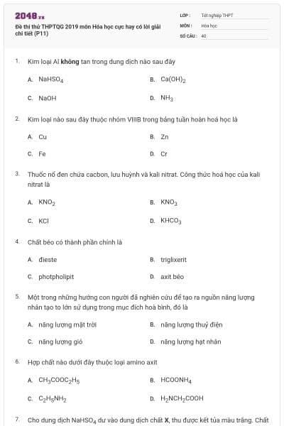 Đề thi thử THPTQG 2019 môn Hóa học cực hay có lời giải chi tiết (P11)