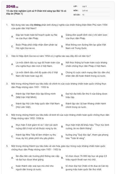 15 câu trắc nghiệm Lịch sử 9 Chân trời sáng tạo Bài 16 có đáp án (Phần 1)