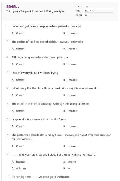 Trắc nghiệm Tiếng Anh 7 mới Unit 8 Writing có đáp án