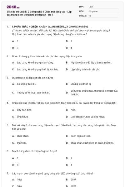 Bộ 2 đề thi Cuối kì 2 Công nghệ 9 Chân trời sáng tạo - Lắp đặt mạng điện trong nhà có đáp án - Đề 1