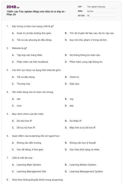 1000+ câu Trắc nghiệm Nhập môn điện tử có đáp án - Phần 28