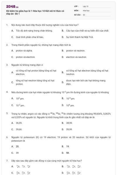 Đề kiểm tra giữa học kì 1 Hóa học 10 Kết nối tri thức có đáp án- Đề 1