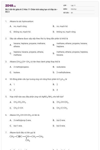 Bộ 3 đề thi giữa kì 2 Hóa 11 Chân trời sáng tạo có đáp án - Đề 3