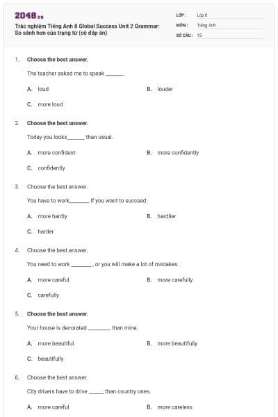 Trắc nghiệm Tiếng Anh 8 Global Success Unit 2 Grammar: So sánh hơn của trạng từ (có đáp án)