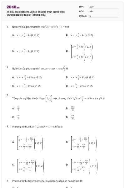 15 câu Trắc nghiệm Một số phương trình lượng giác thường gặp có đáp án (Thông hiểu)