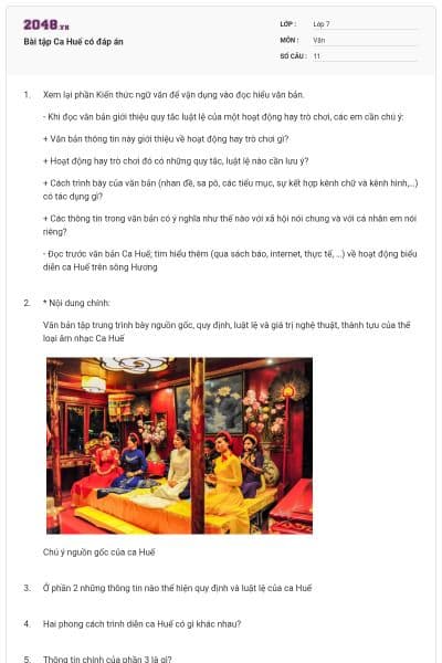 Bài tập Ca Huế có đáp án