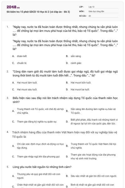 Đề kiểm tra 15 phút GDCD 10 Học kì 2 (có đáp án - Đề 3)