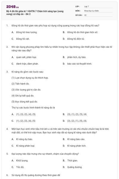 Bộ 4 đề thi giữa kì 1 KHTN 7 Chân trời sáng tạo (song song) có đáp án - Đề 2