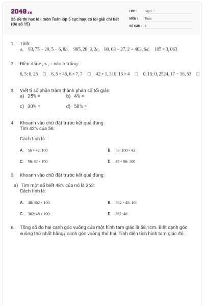 26 Đề thi học kì I môn Toán lớp 5 cực hay, có lời giải chi tiết (Đề số 15)