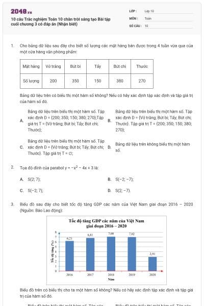10 câu  Trắc nghiệm Toán 10 chân trời sáng tạo Bài tập cuối chương 3 có đáp án (Nhận biết)