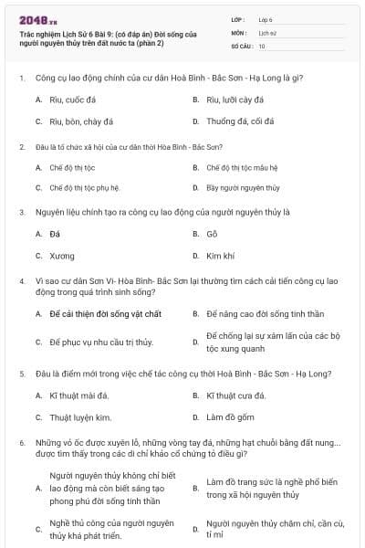 Trắc nghiệm Lịch Sử 6 Bài 9: (có đáp án) Đời sống của người nguyên thủy trên đất nước ta (phần 2)