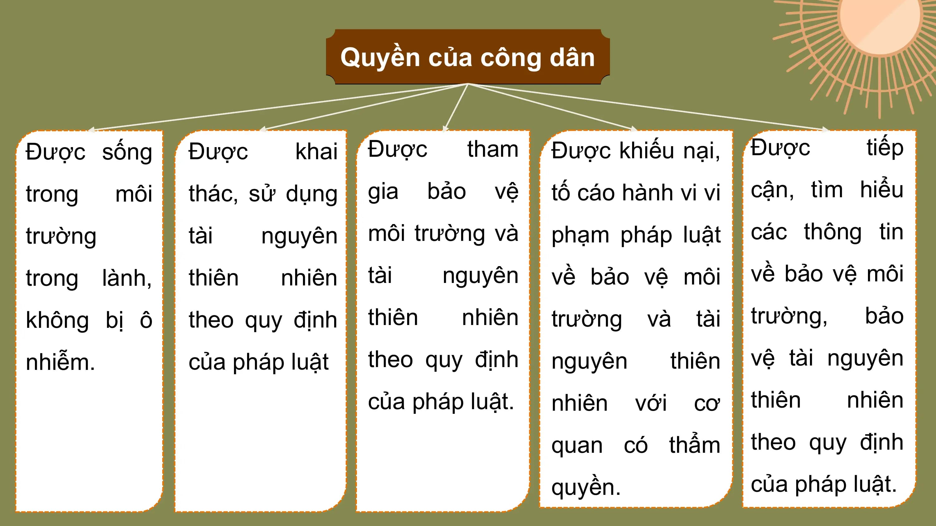 Quyền của công dân

Được sống Được khai Được tham Được khiếu nại, Được tiếp
trong môi thác, sử dụng gia bảo vệ tố cáo hành vi vi cận, tìm hiểu
trường tài nguyên môi trường và phạm pháp luật các thông tin
trong lành, thiên nhiên tài nguyên về bảo vệ môi về bảo vệ môi
không bị ô theo quy định thiên nhiên trường và tài trường, bảo
nhiễm. của pháp luật theo quy định nguyên thiên vệ tài nguyên
 của pháp luật. nhiên với cơ thiên nhiên
 quan có thẩm theo quy định
 quyền. của pháp luật.