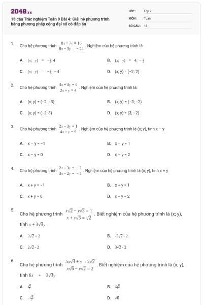 18 câu Trắc nghiệm Toán 9 Bài 4: Giải hệ phương trình bằng phương pháp cộng đại số có đáp án