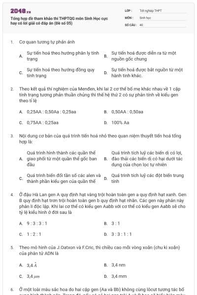 Tổng hợp đề tham khảo thi THPTQG môn Sinh Học cực hay có lời giải có đáp án (Đề số 05)