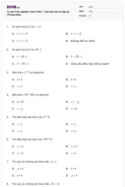 12 câu Trắc nghiệm Toán 9 Bài 1: Căn bậc hai có đáp án (Thông hiểu)