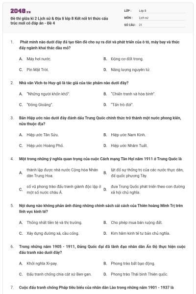 Đề thi giữa kì 2 Lịch sử & Địa lí lớp 8 Kết nối tri thức cấu trúc mới có đáp án - Đề 4