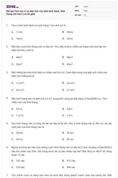 Bài tập Tính chu vi và diện tích của hình bình hành, hình thang cân lớp 6 (có lời giải)