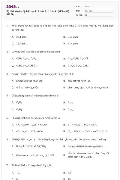 Bộ đề kiểm tra định kì học kì 2 Hóa 9 có đáp án (Mới nhất) (Đề 26)
