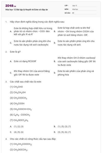 Hóa học 12 Bài tập lý thuyết về Este có đáp án