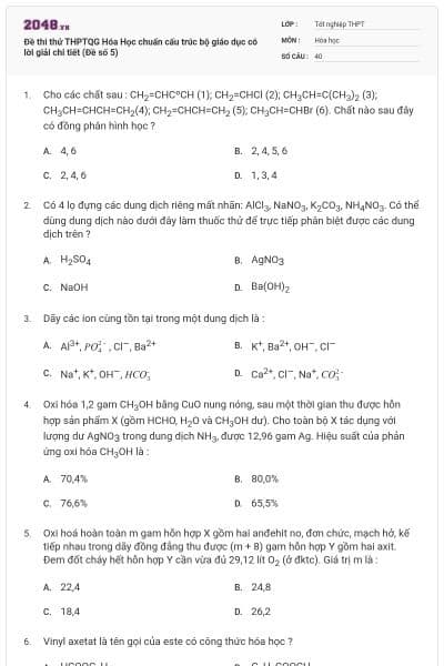 Đề thi thử THPTQG Hóa Học chuẩn cấu trúc bộ giáo dục có lời giải chi tiết (Đề số 5)