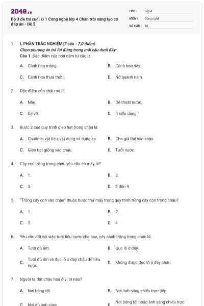 Bộ 3 đề thi cuối kì 1 Công nghệ lớp 4 Chân trời sáng tạo có đáp án - Đề 2
