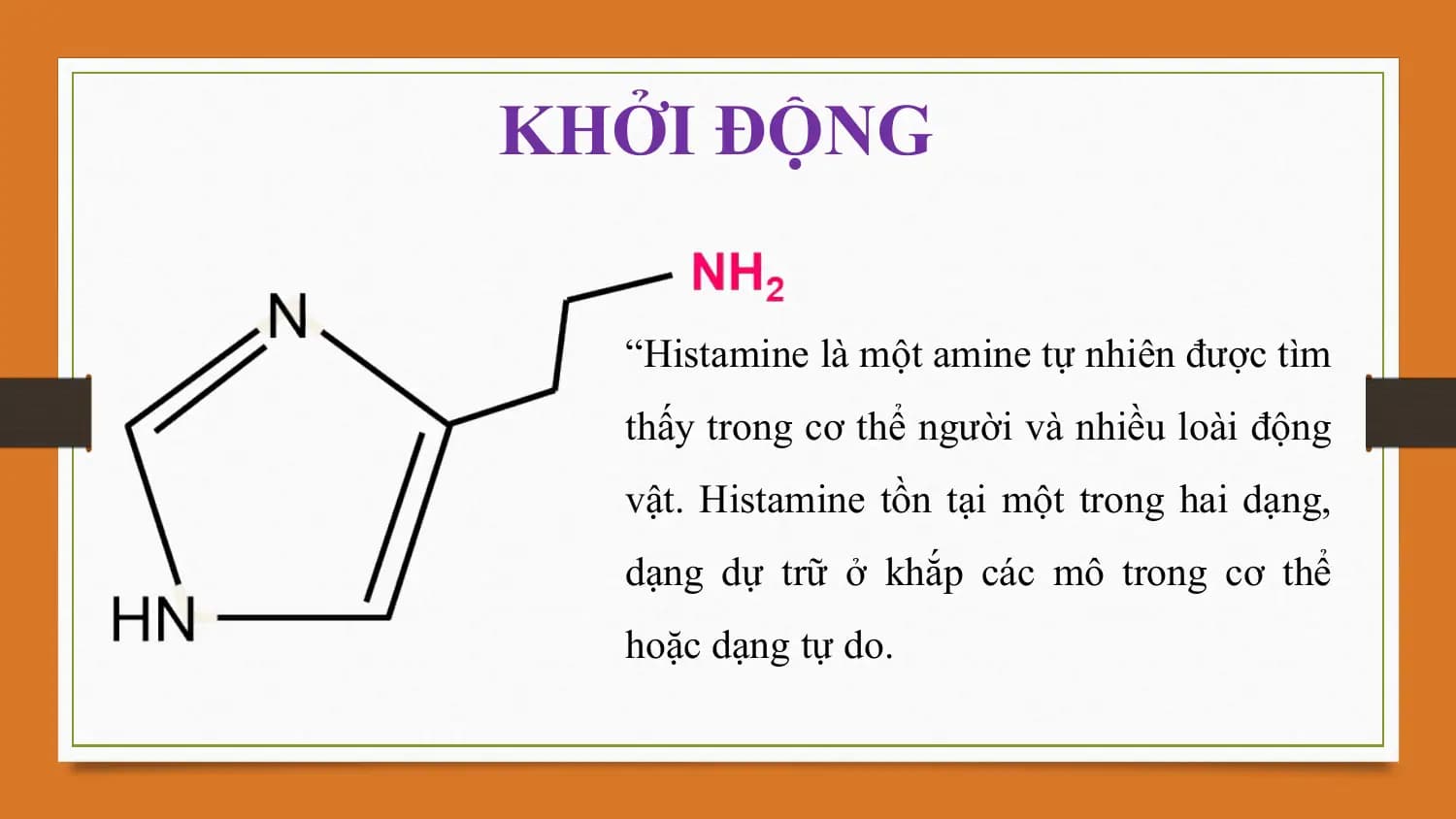 KHỞI ĐỘNG

 “Histamine là một amine tự nhiên được tìm
 thấy trong cơ thể người và nhiều loài động
 vật. Histamine tồn tại một trong hai dạng,
 dạng dự trữ ở khắp các mô trong cơ thể
 hoặc dạng tự do.