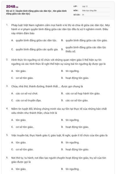 Đề số 2 ( Quyền bình đẳng giữa các dân tộc , tôn giáo bình đẳng giữa các dân tộc)