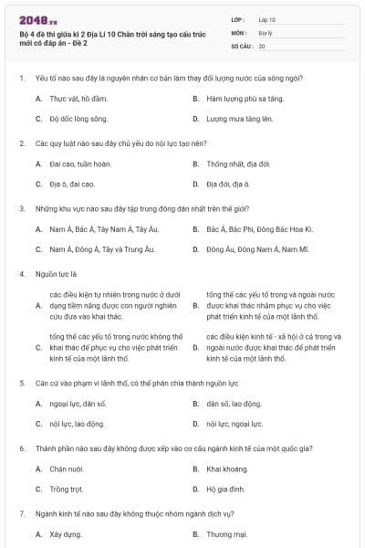 Bộ 4 đề thi giữa kì 2 Địa Lí 10 Chân trời sáng tạo cấu trúc mới có đáp án - Đề 2