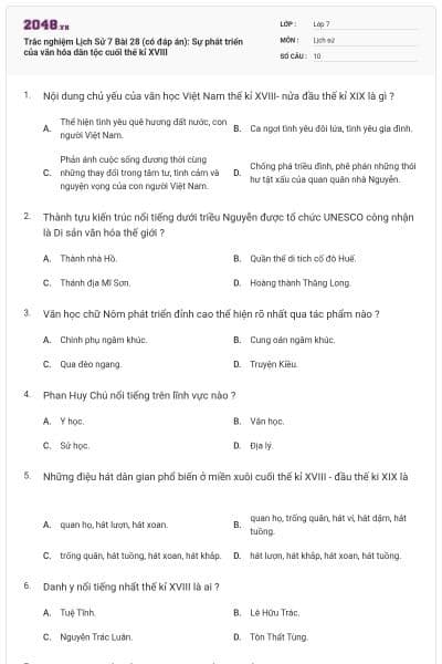 Trắc nghiệm Lịch Sử 7 Bài 28 (có đáp án): Sự phát triển của văn hóa dân tộc cuối thế kỉ XVIII