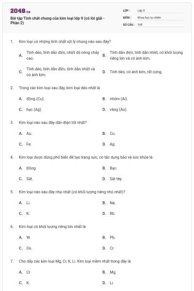 Bài tập Tính chất chung của kim loại lớp 9 (có lời giải - Phần 2)