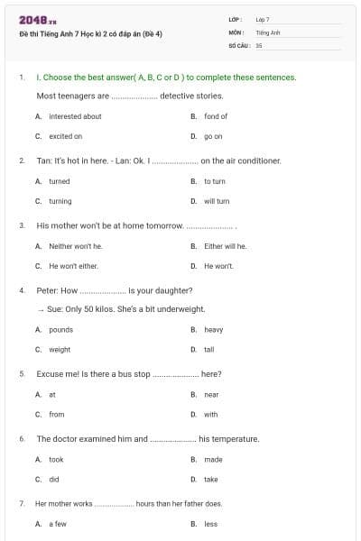 Đề thi Tiếng Anh 7 Học kì 2 có đáp án (Đề 4)