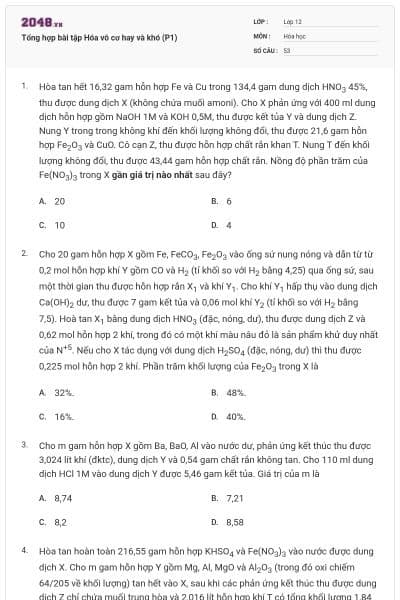 Tổng hợp bài tập Hóa vô cơ hay và khó (P1)